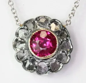 Victorian 14K Gold Ruby w/ Sterling Silver Set Rose Cut Diamond Pendant Necklace