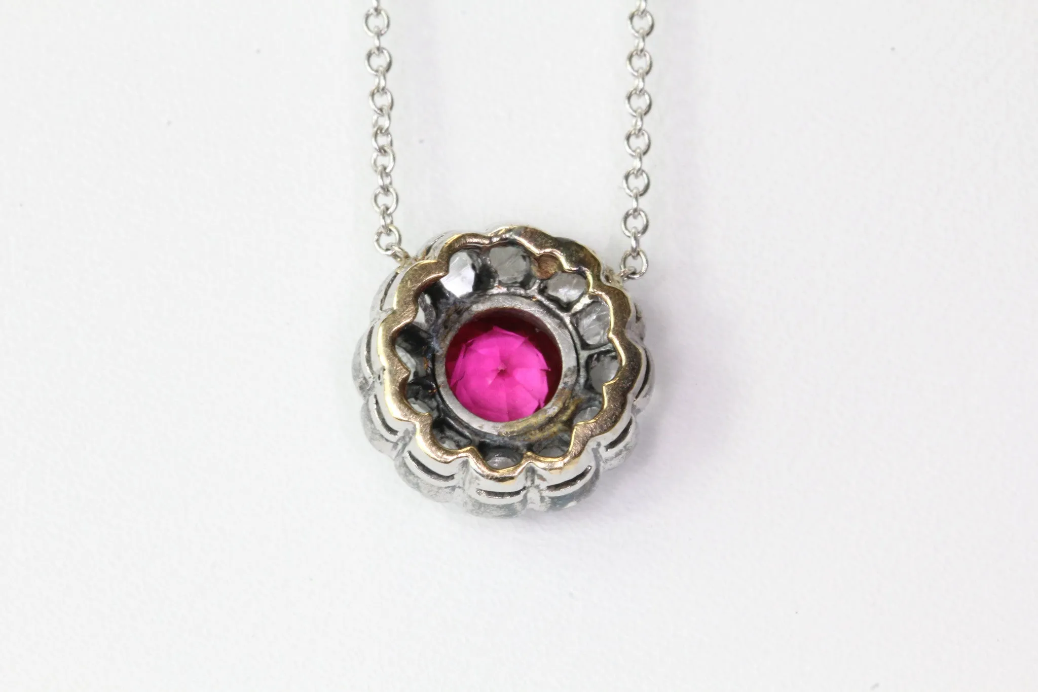 Victorian 14K Gold Ruby w/ Sterling Silver Set Rose Cut Diamond Pendant Necklace