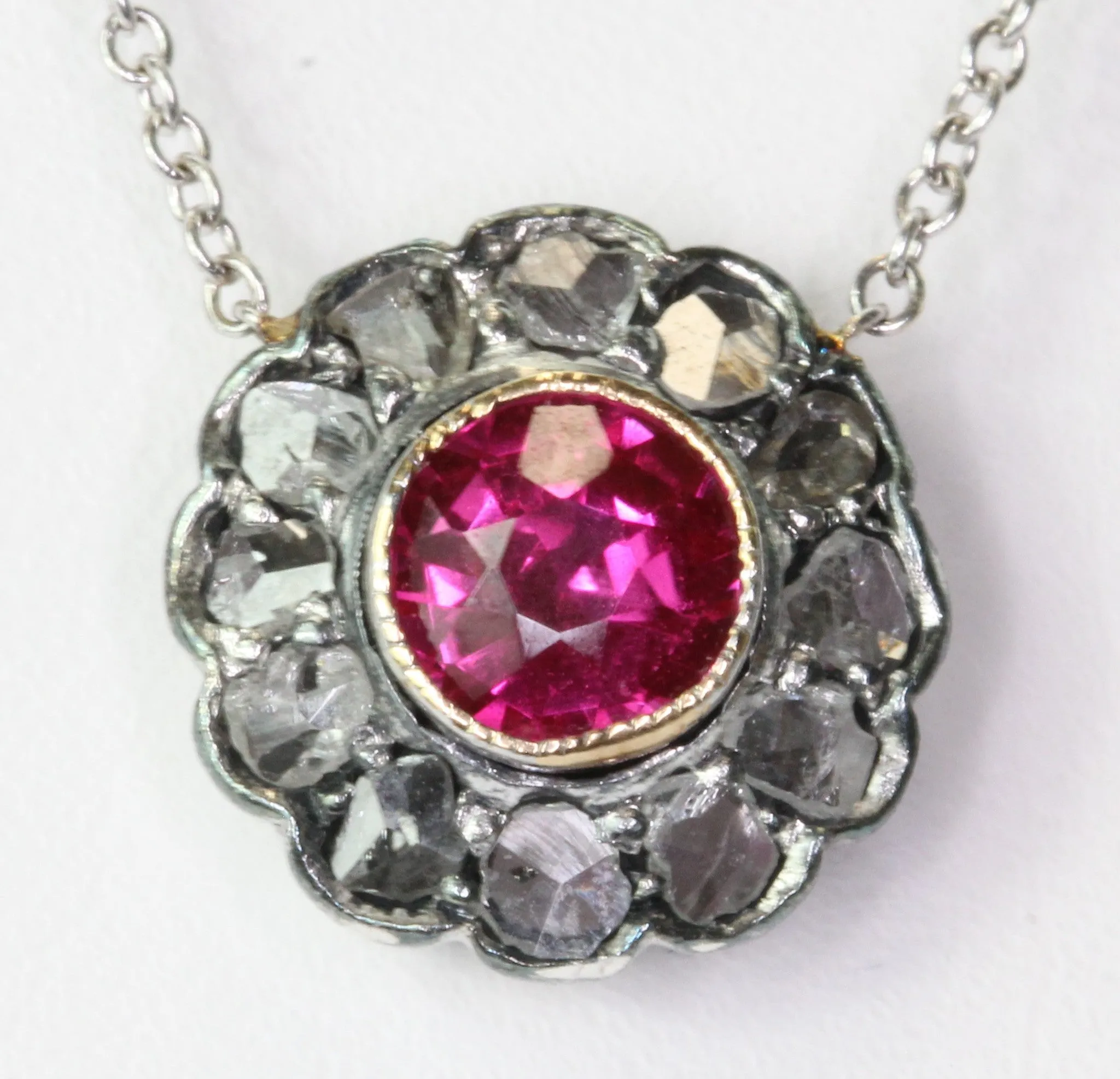 Victorian 14K Gold Ruby w/ Sterling Silver Set Rose Cut Diamond Pendant Necklace