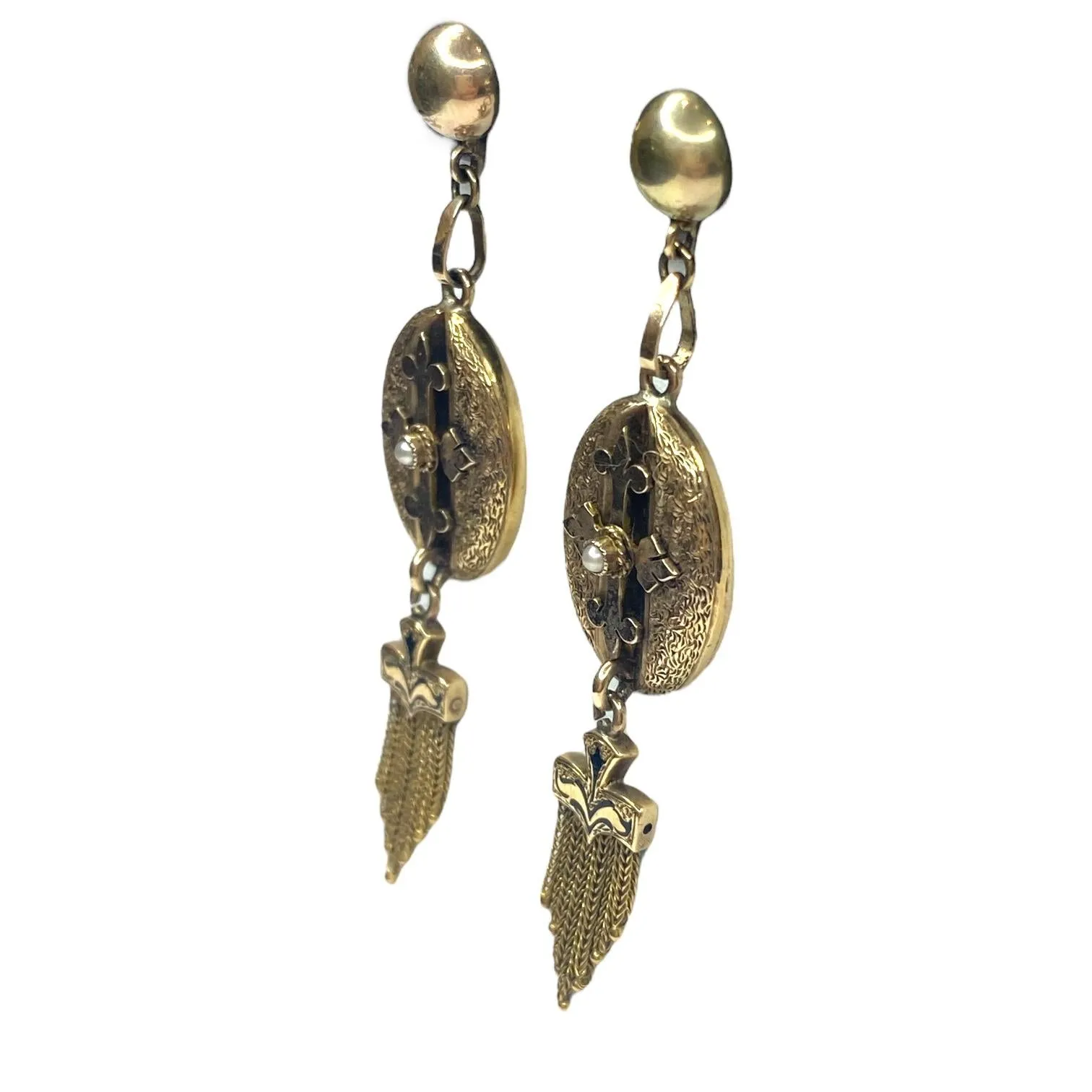 Victorian 14K Gold Seed Pearl and Black Enamel Tassel Earrings