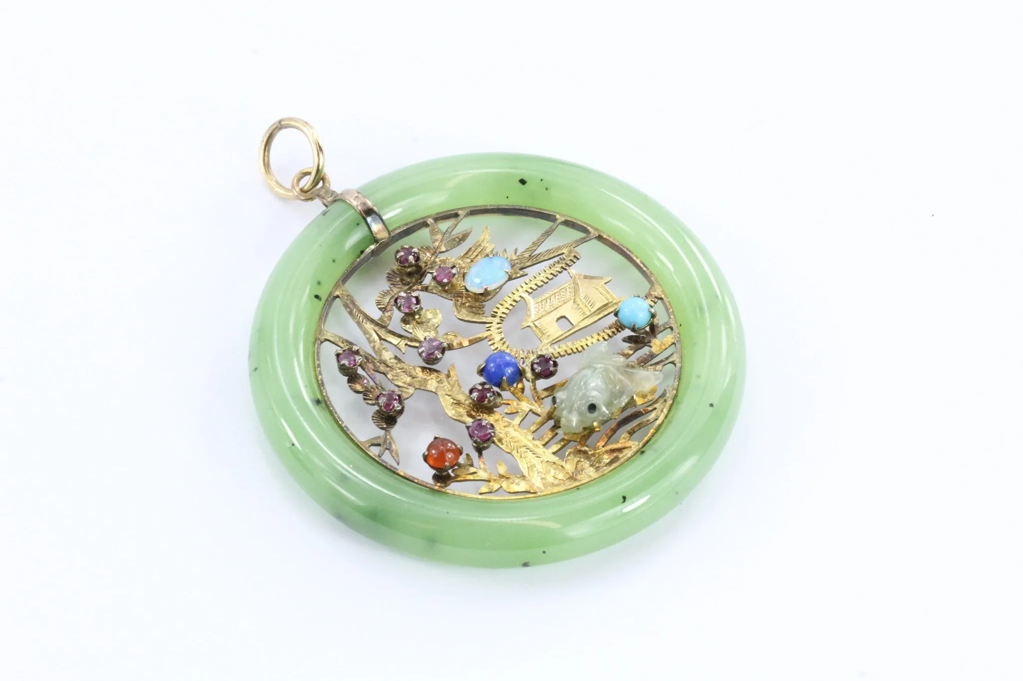 Vintage 18K Gold Chinese Amulet / Pendant w/ Jade, Ruby, Opal, Turquoise etc