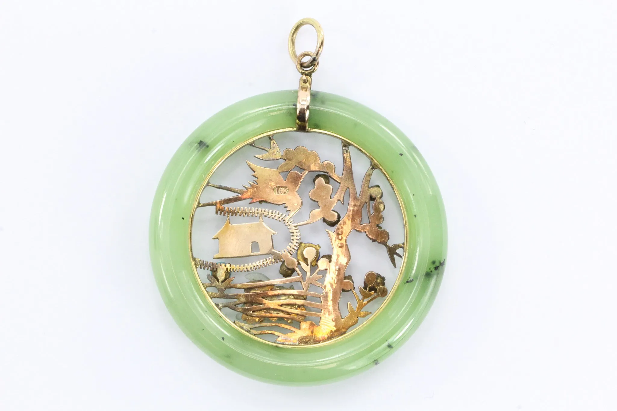 Vintage 18K Gold Chinese Amulet / Pendant w/ Jade, Ruby, Opal, Turquoise etc
