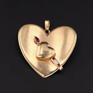 Vintage Heart Pendant | 14k Gold Heart With Ruby and Diamond Arrow