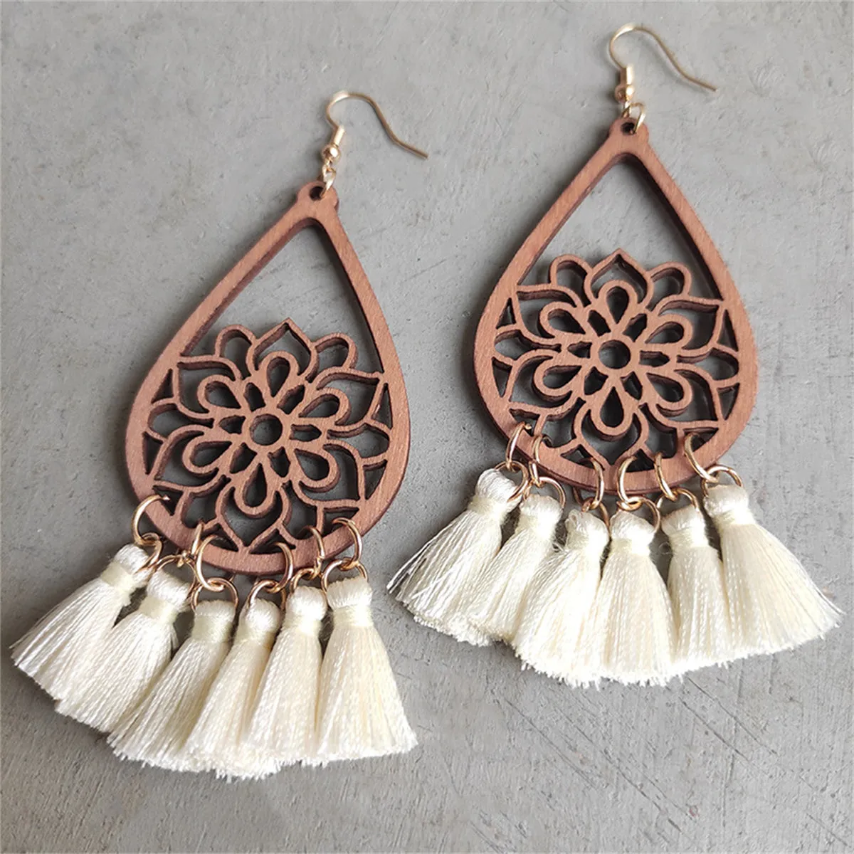 White & Wood Lotus Tassel Teardrop Earrings