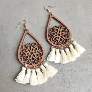 White & Wood Lotus Tassel Teardrop Earrings