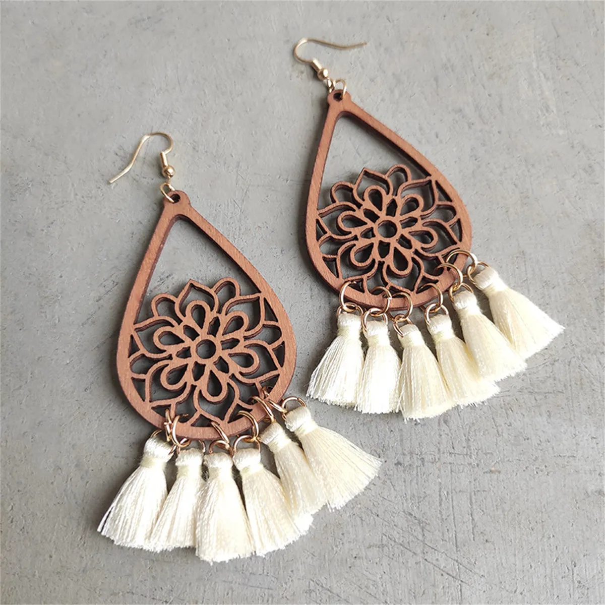 White & Wood Lotus Tassel Teardrop Earrings