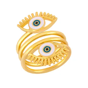 White Enamel & 18K Gold-Plated Evil Eye Stacked Ring