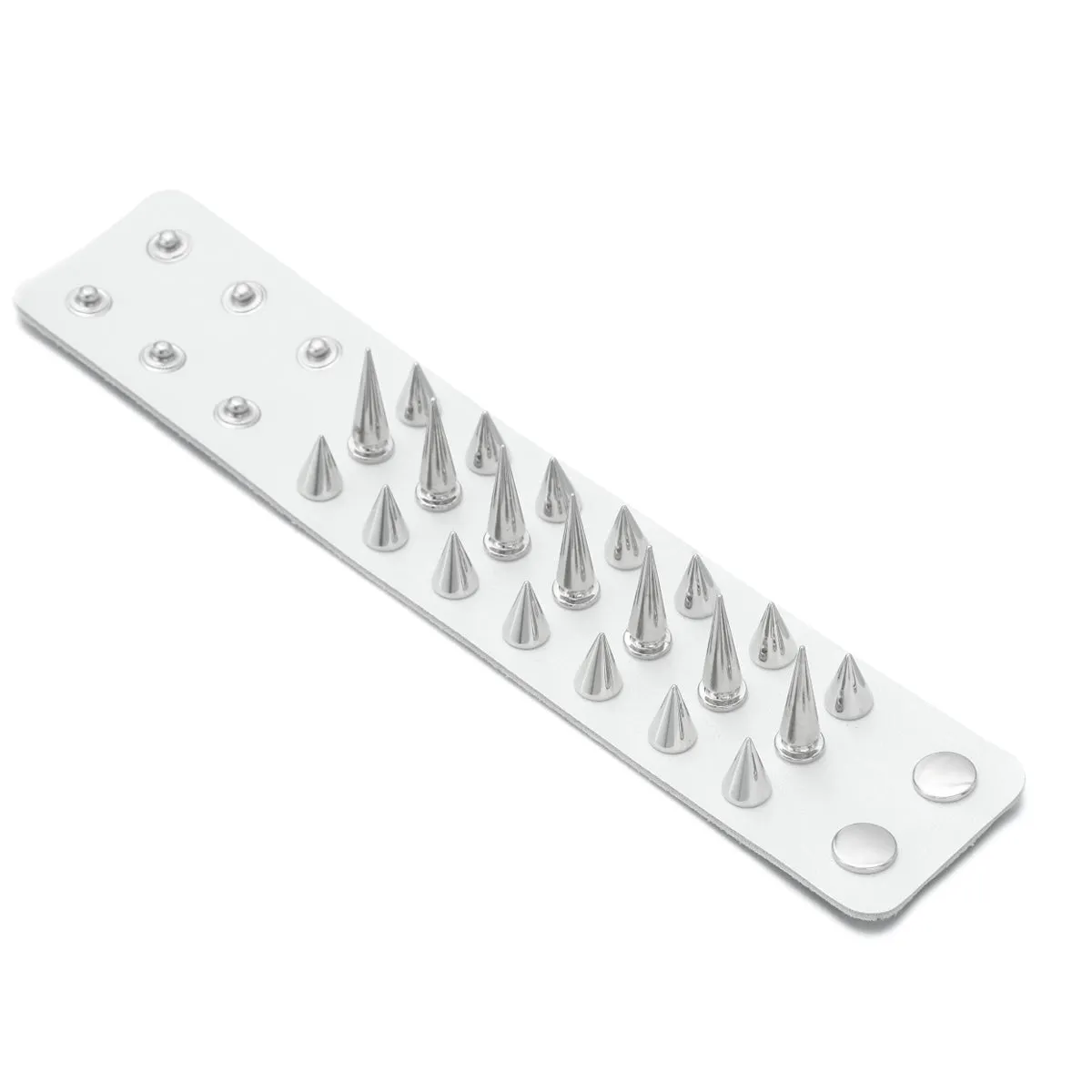 White Leather Bracelet w/ Three Rows of Multi Sized Silver Spikes