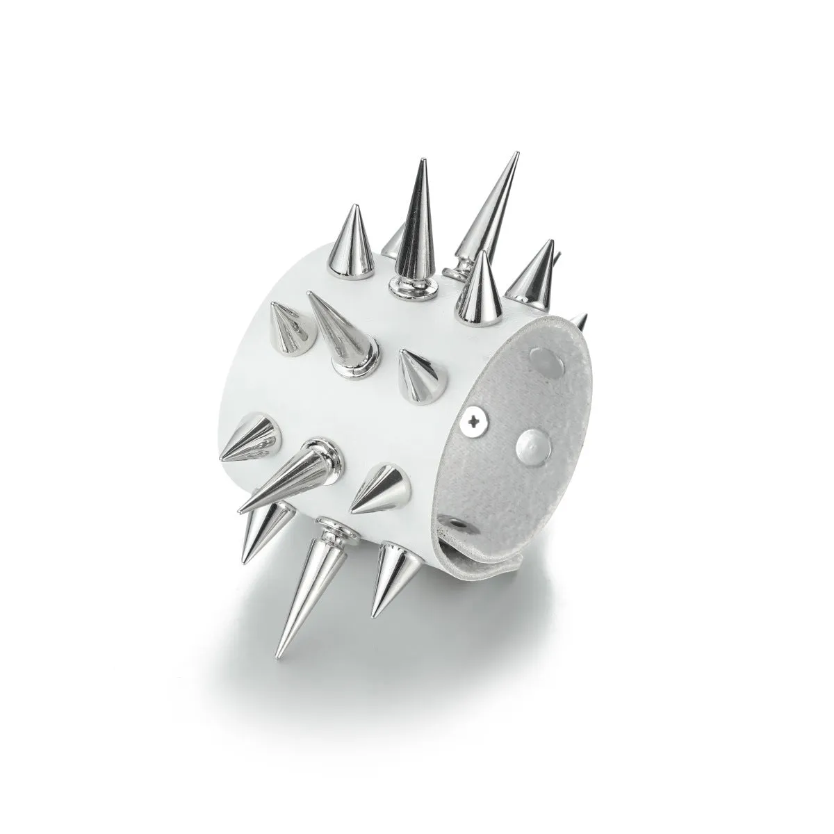 White Leather Bracelet w/ Three Rows of Multi Sized Silver Spikes