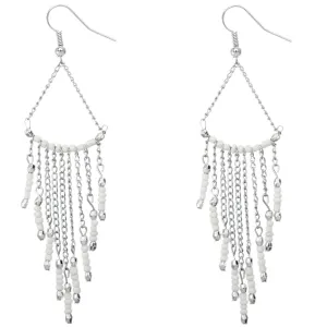 White Long Beaded Dangle Earrings