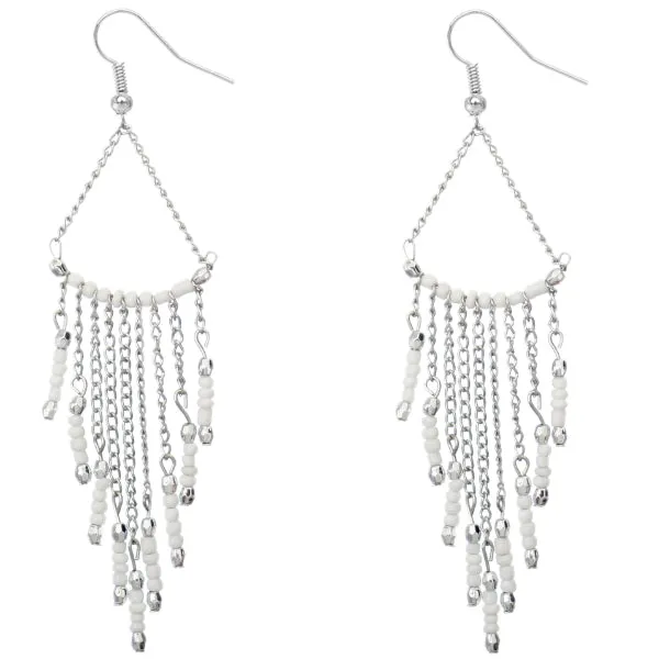 White Long Beaded Dangle Earrings