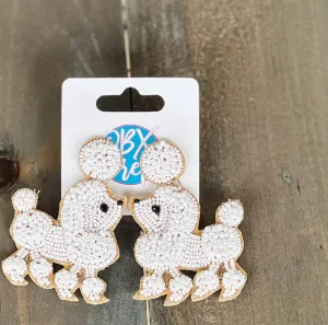 White Poodle Beaded Dangle Earrings