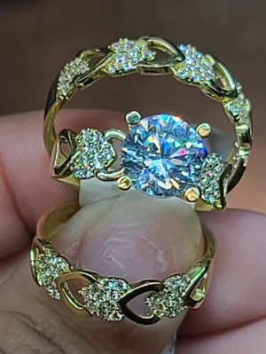 Yellow Gold Heart Triple Stacked Weeding Rings with CZs