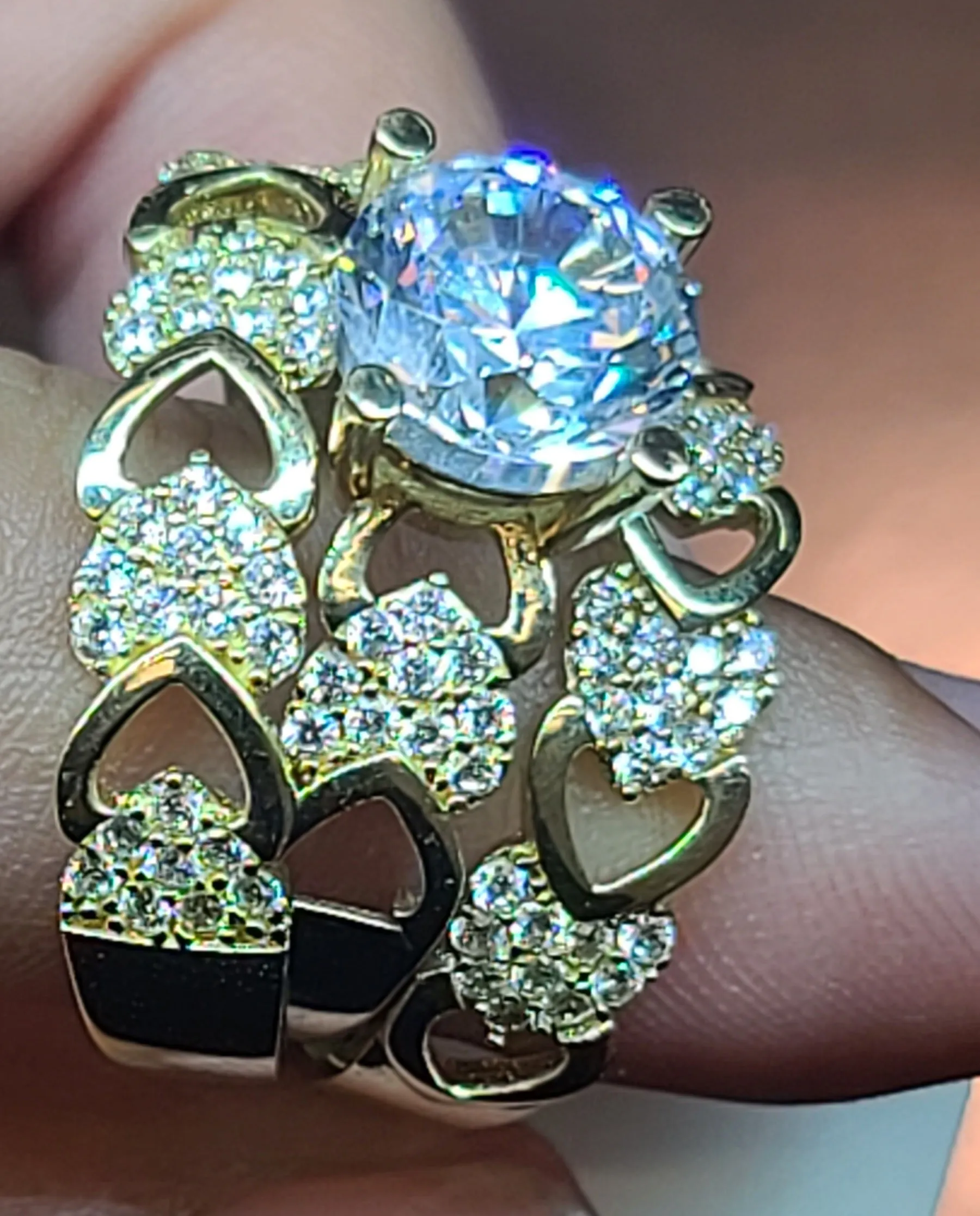 Yellow Gold Heart Triple Stacked Weeding Rings with CZs