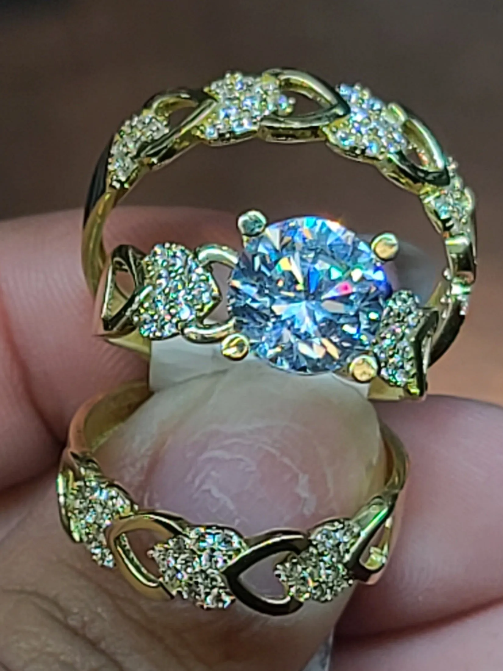 Yellow Gold Heart Triple Stacked Weeding Rings with CZs