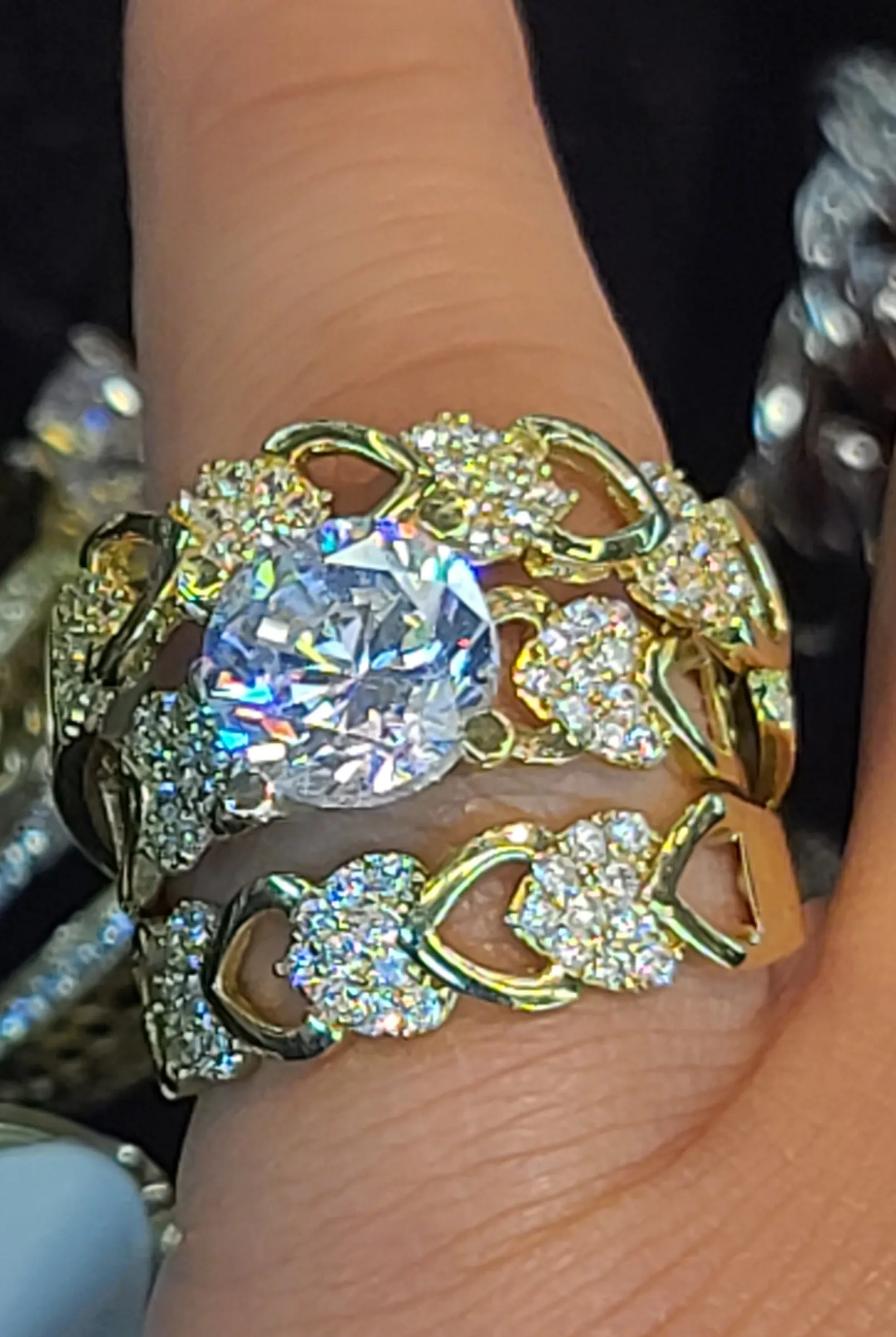 Yellow Gold Heart Triple Stacked Weeding Rings with CZs