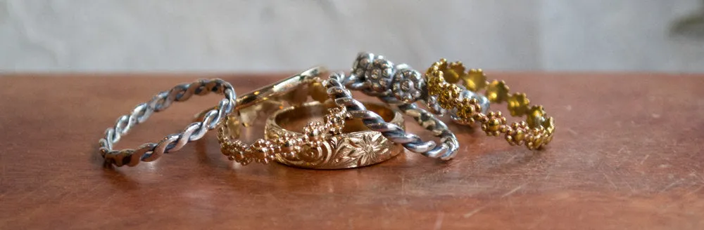 Yellow gold silver bands, four stacking bands, boho band, Thin bands, hammered band, simple bands, stack ring set, stacking ring - XOX R2284