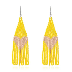 Yellow Howlite & Silver-Plated Heart Tassel Drop Earrings