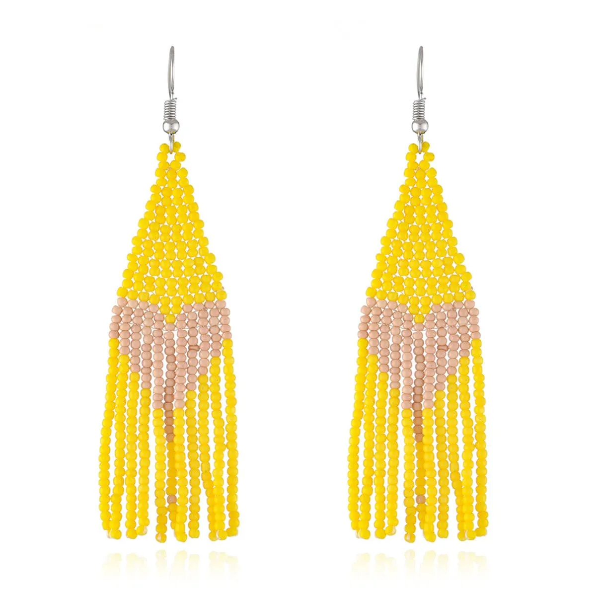 Yellow Howlite & Silver-Plated Heart Tassel Drop Earrings
